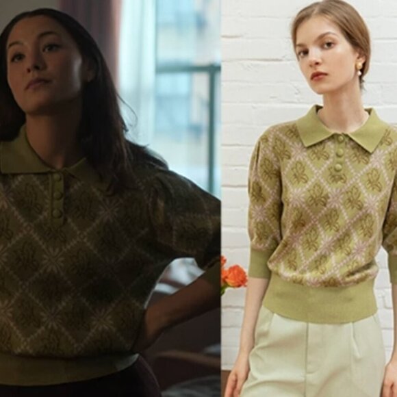 Simple Retro Green Collared Sweater Wool Blend Floral ASO The Recruit Hannah - Picture 3 of 14